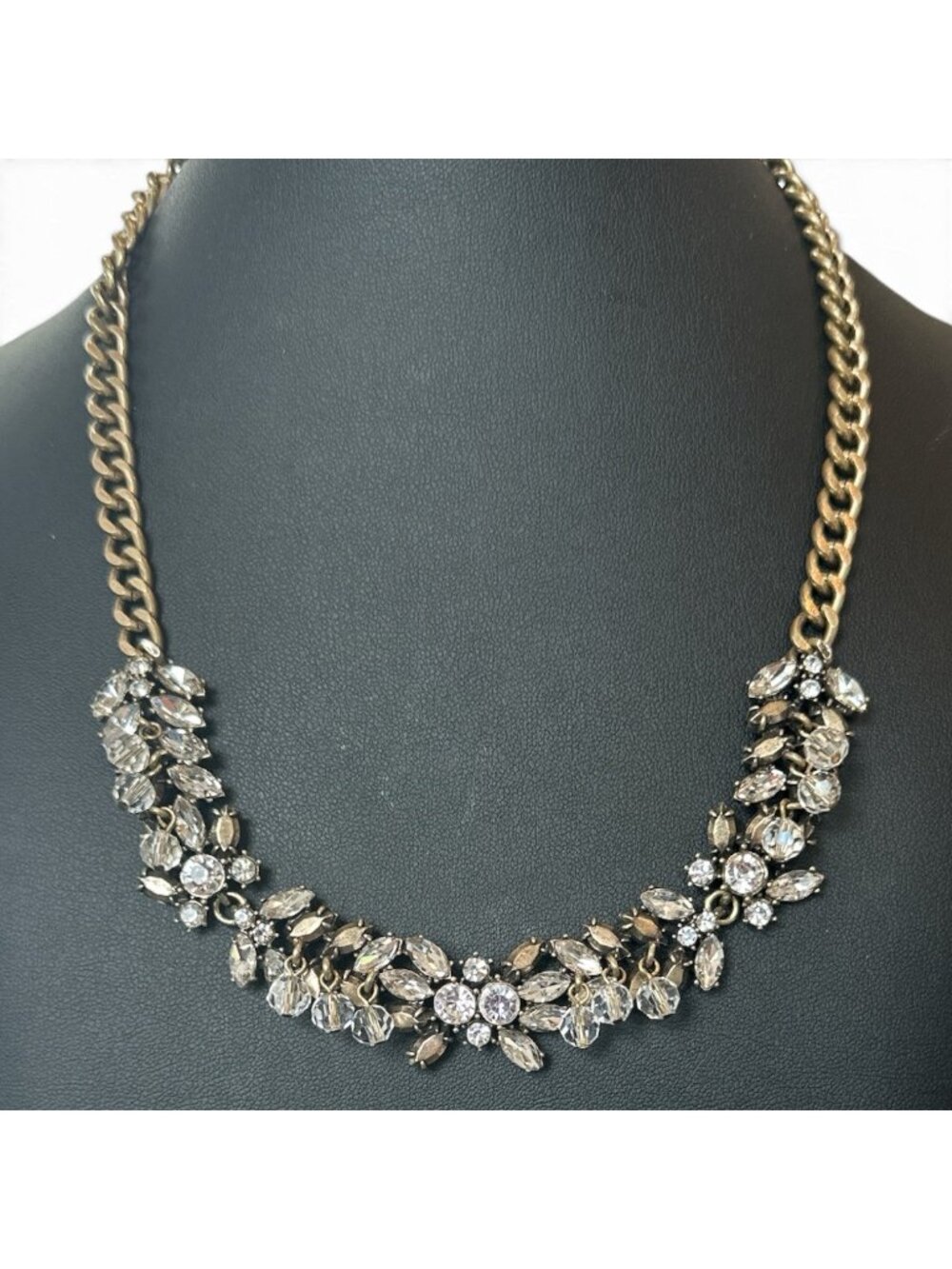 Banana Republic Crystal Statement Necklace Silver Tone Floral Rhinestone Bib
